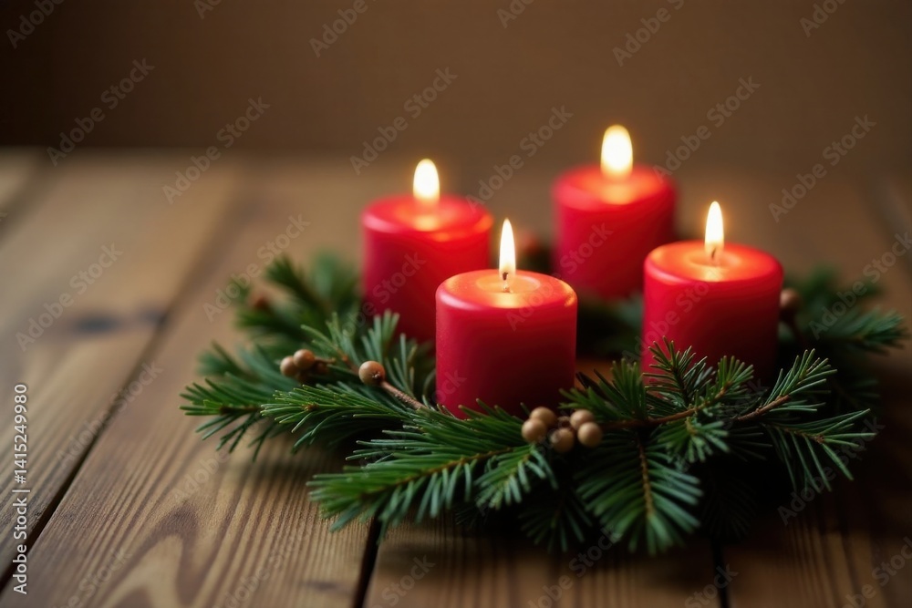 A Festive Arrangement of Burning Red Candles Encircled by Evergreen Branches on a Rustic Wooden Surface