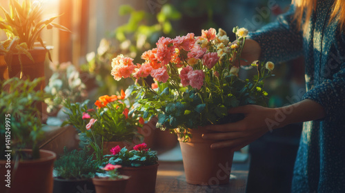 Woman Tending Vibrant Pink and Orange Flowers in a Sunlit Room
