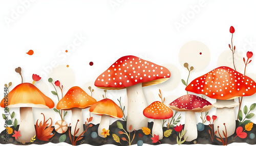 Watercolor Mushrooms, Autumn Mushroom Painting, Wild Mushrooms Abstract  Illustration, flat papercut style, with white tones