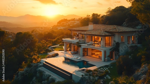 Luxury villa photo shoot for property catalog, golden hour light,