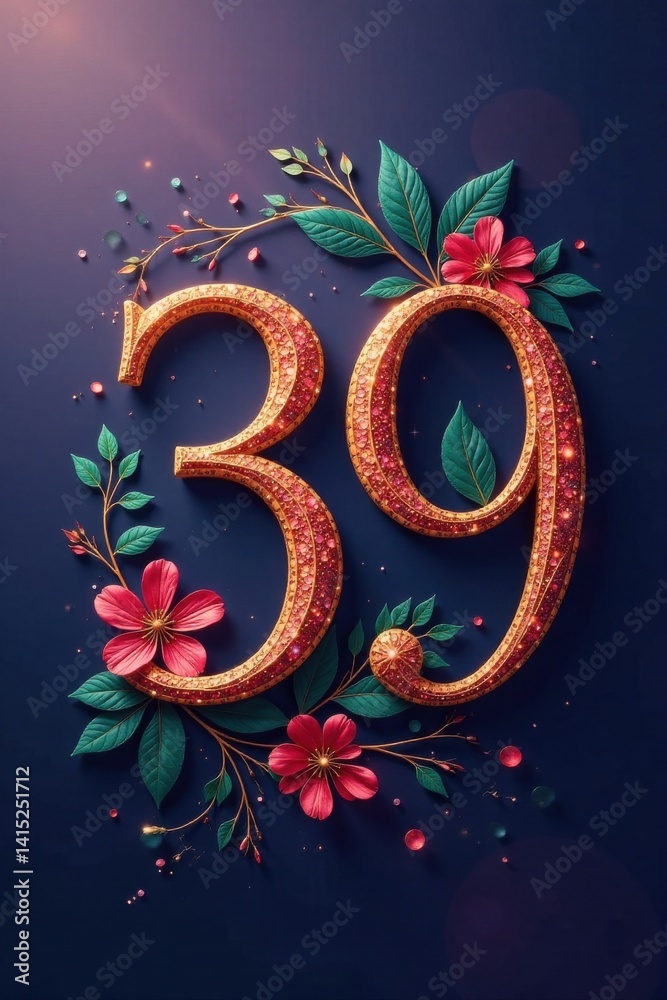Ornate Golden Number Thirty-Nine Embellished with Gems and Floral Accents