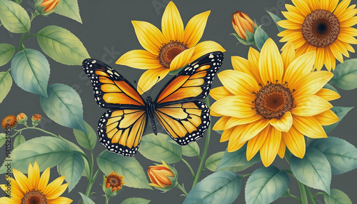 Butterfly, leaves and yellow flowers, lily, sunflowers. Illustration in vintage watercolor style, photo, with white tones