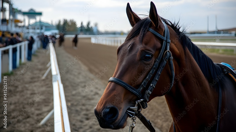 Fototapeta premium Brown racehorse poised on a racetrack.