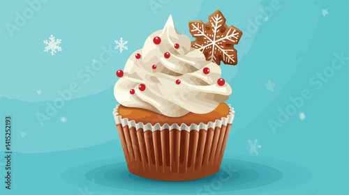 Delicious Christmas Cupcake with Gingerbread Cookies on Blue Background