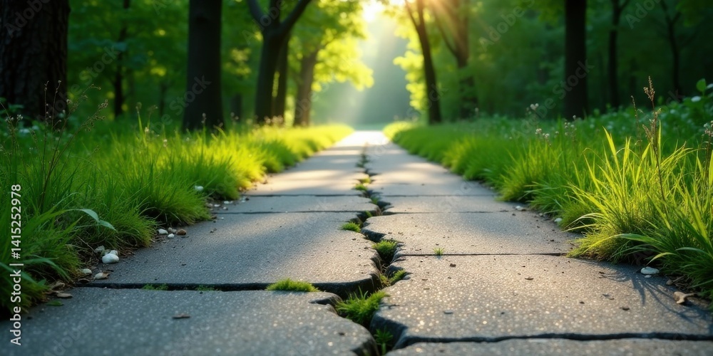 Sunlit Pathway Through a Verdant Forest, Showing a Cracked Pavement and Lush Grass