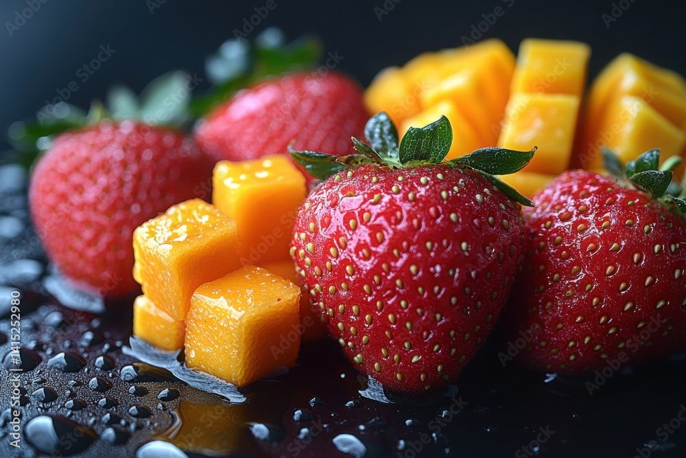 Fresh strawberries and mango chunks arranged on a glossy surface with water droplets