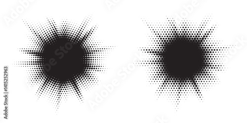 Halftone circle frame background set. Round border Icon using halftone random circle. Grunge circular stain. Vector illustration.