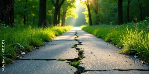 Obraz na płótnie Sunlit Pathway Through a Verdant Forest, Showing a Cracked Pavement and Lush Grass w salonie