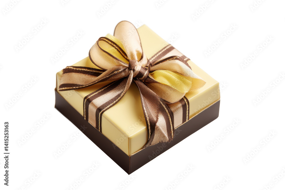 A Gift of Elegance: A Square Box with a Luxurious Brown and Gold Ribbon, Ready to Delight and Surprise with its Contents. A Gift of Elegance: A Square Box with a Luxurious Brown and Gold Ribbon, Ready to Delight and Surprise with its Contents.