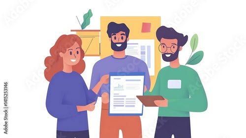 Happy professionals gathered around a coworker who is showing a new project plan on a tablet in a shared office