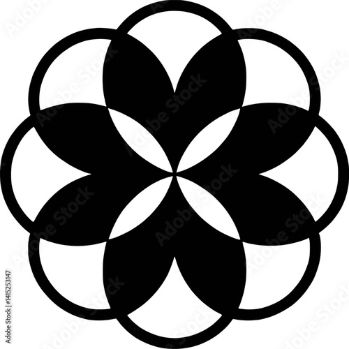 Abstract Black And White Floral Pattern Design With Intersecting Circles And Petals