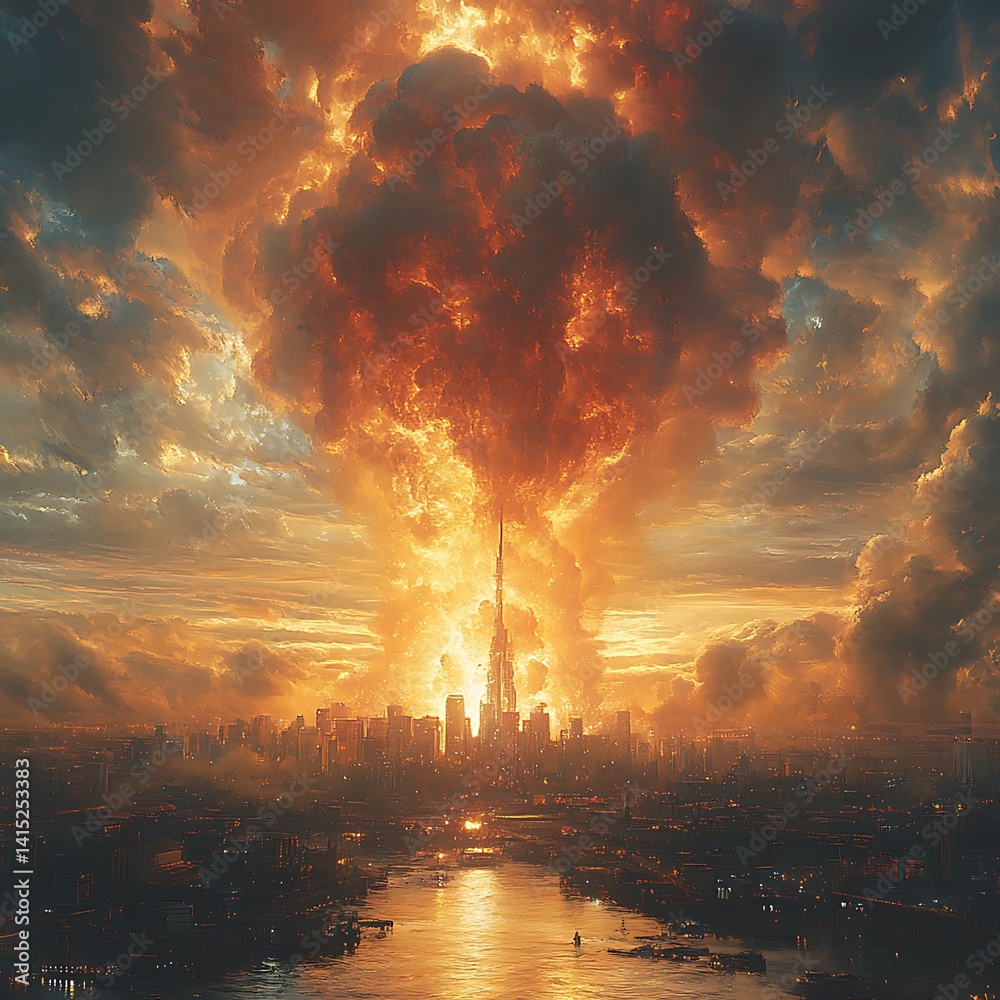 Fototapeta premium Devastating nuclear explosion with city skyline under massive fiery mushroom cloud image