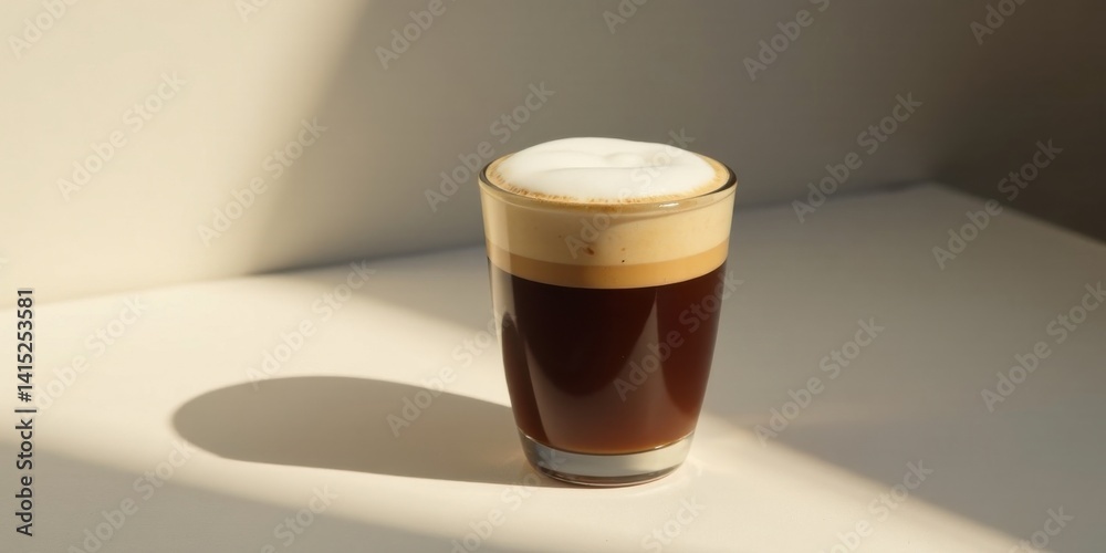 A refreshing layered beverage in a glass, illuminated by sunlight casting a shadow on a pristine surface