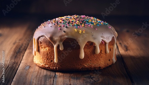 panettone with glaze and colored sprinkles on a dark wooden surface