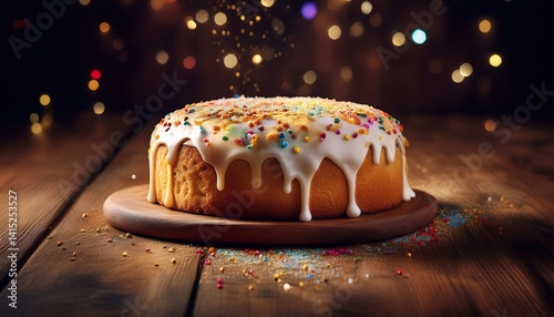 panettone with glaze and colored sprinkles on a dark wooden surface
