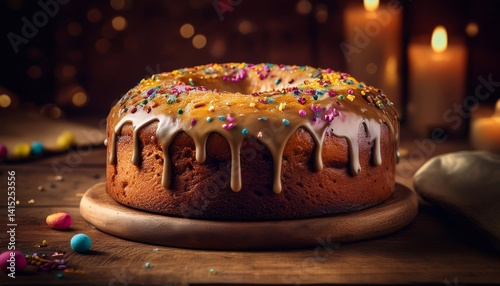 panettone with chocolate glaze and colored sprinkles on a wooden dark surface against the background of a kitchen