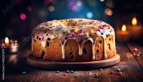 panettone with glaze and colored sprinkles on a dark wooden surface