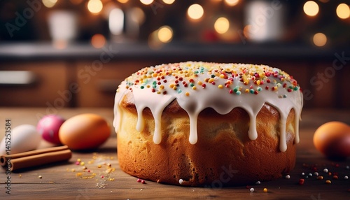 panettone with glaze and colored sprinkles on a dark wooden surface