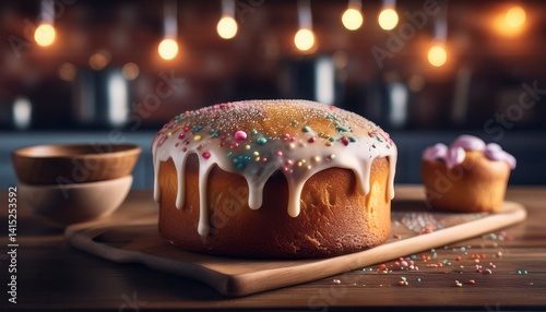 panettone with glaze and colored sprinkles on a dark wooden surface