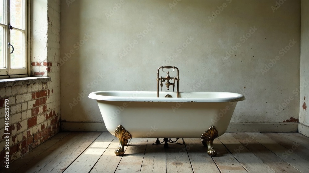A clawfoot tub in a vintage room with rustic brick wall and wood floor