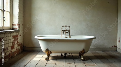 Obraz na płótnie A clawfoot tub in a vintage room with rustic brick wall and wood floor w salonie