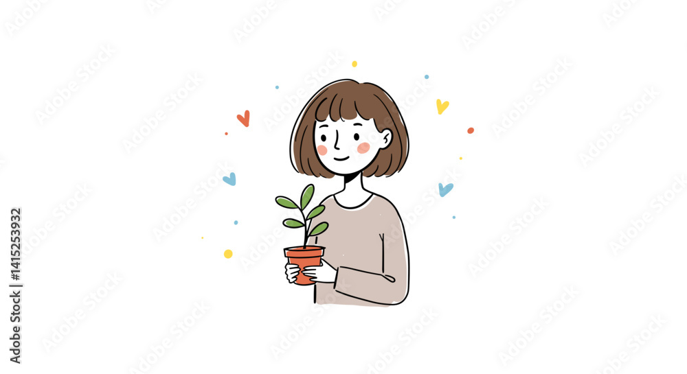 Young woman smiling while holding a potted plant against a colorful background Young woman smiling while holding a potted plant against a colorful background