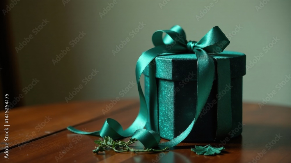 Elegant teal gift box with satin ribbon, resting on dark wood surface