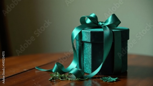 Obraz na płótnie Elegant teal gift box with satin ribbon, resting on dark wood surface w salonie