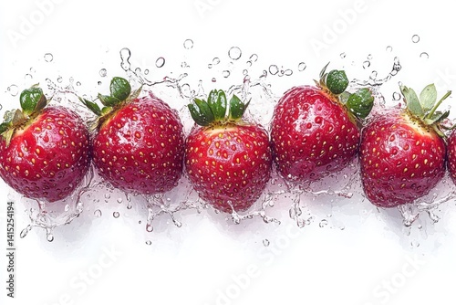 Five fresh strawberries lined up in a row with water droplets splashing around them