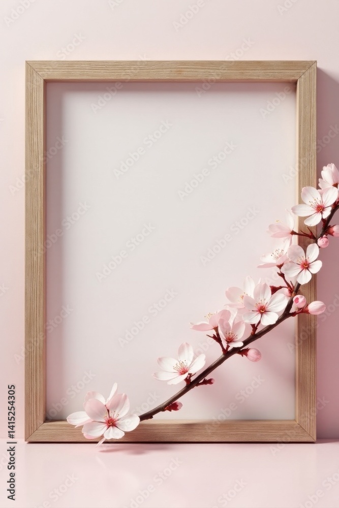 Delicate Pink Blossoms Gracefully Arranged Beside a Light Wooden Frame on a Pale Pink Background