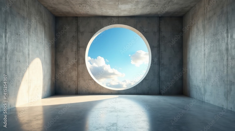 A minimalist concrete room features a large circular window showcasing a vibrant sky and fluffy clouds, offering a serene and contemplative atmosphere.