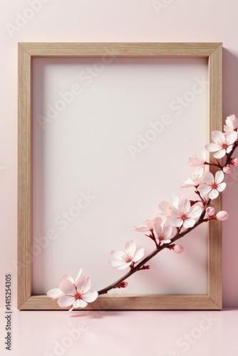 Obraz na płótnie Delicate Pink Blossoms Gracefully Arranged Beside a Light Wooden Frame on a Pale Pink Background w salonie