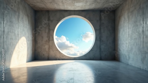 Obraz na płótnie A minimalist concrete room features a large circular window showcasing a vibrant sky and fluffy clouds, offering a serene and contemplative atmosphere. w salonie