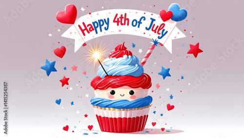 Cute cartoon cupcake in patriotic colors with sparkler and Happy 4th of July banner above in bubbly hand lettering