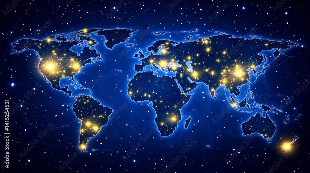 Fototapeta premium Glowing cities on a dark blue world map against a starry night background. Illuminated continents and bright city lights.