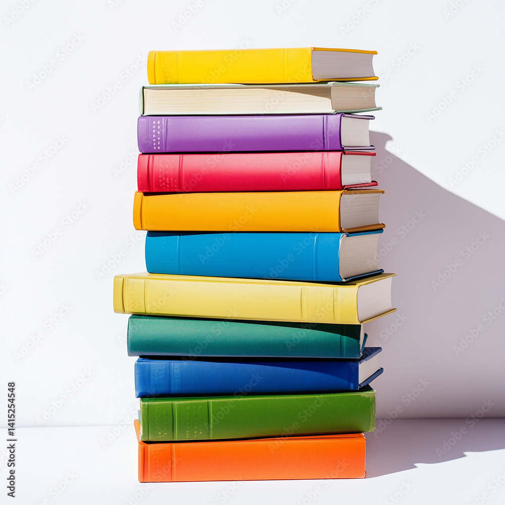 A stack of hardcover books of various bright colors arranged in a stepped pattern against a white background A stack of hardcover books of various bright colors arranged in a stepped pattern against a white background