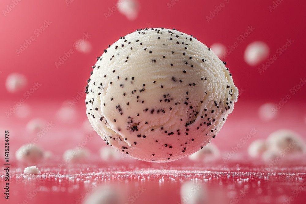 Ice cream scoop with specks floating on a red surface with a matching backdrop