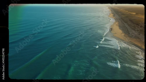 Aerial shot of waves rolling in at surf spot in ocean at dawn with golden beach and surfers in the water, vintage 8mm, super8 camcorder effect, film roll sprocket, noise and sun light leaks and dust