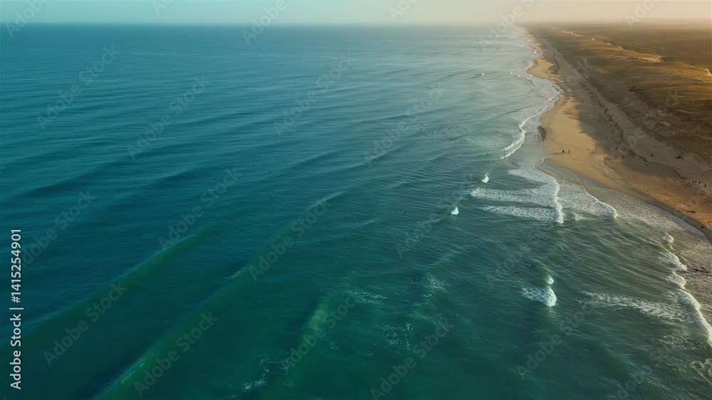 Aerial shot of waves rolling in at surf spot in ocean at dawn with golden beach and surfers in the water