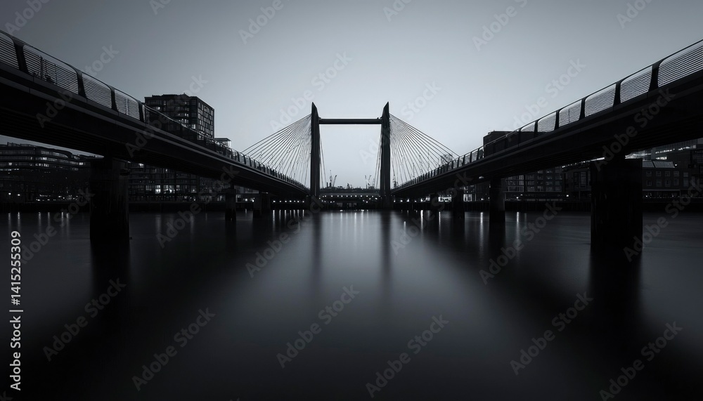 Urban bridge over calm water, monochrome Urban bridge over calm water, monochrome