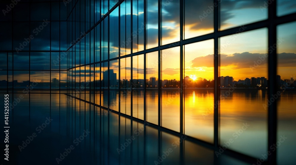 Fototapeta premium Sunset cityscape view through large glass windows of a modern building, reflecting golden light on the floor.