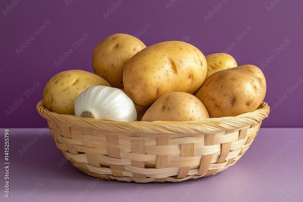 Fresh potatoes and garlic in a woven basket. Fresh potatoes and garlic in a woven basket.