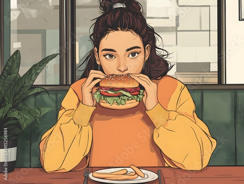Happy Woman Enjoying a Juicy Burger in a Trendy Restaurant Setting, young woman eating a sandwich