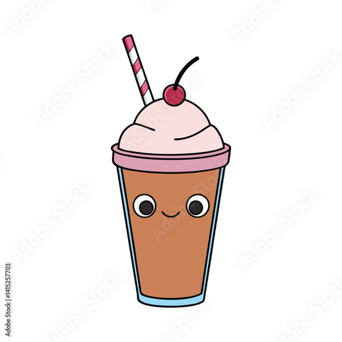 Cute cartoon milkshake with cherry and a straw