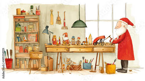 A whimsical illustration of Santa Claus working in a workshop, surrounded by toys, tools, and colorful decorations, creating festive items.