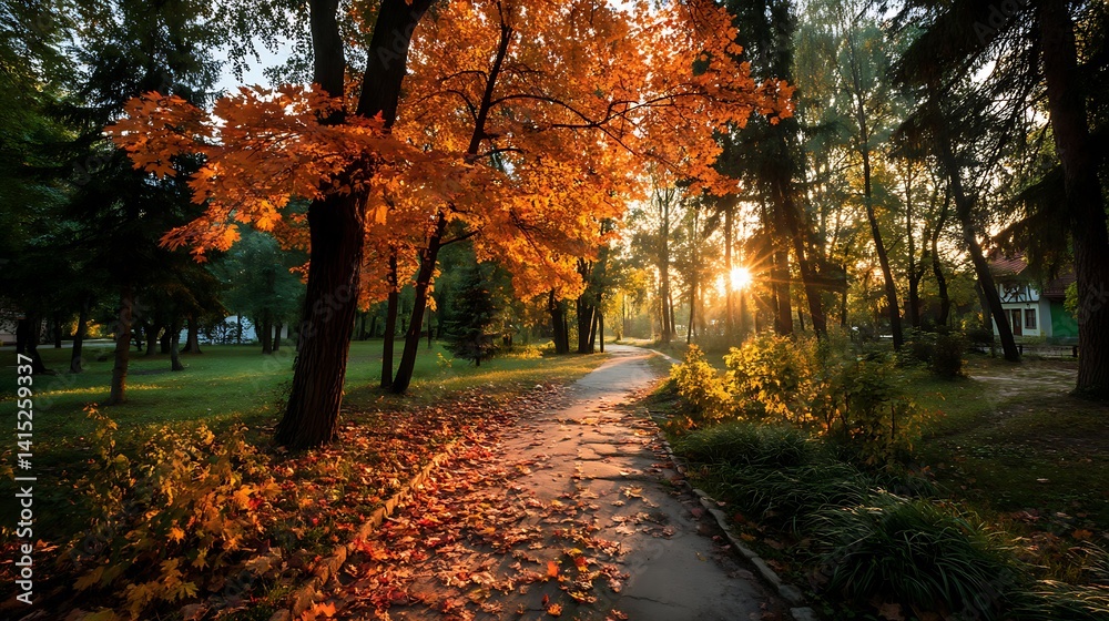 Naklejka premium Sun shining through trees in autumn. Leaves cover ground path. Beautiful scenery