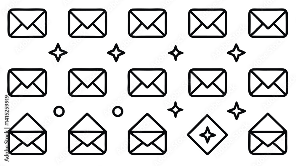 A vector illustration showcases a set of mail icons, including email envelopes and symbols for web communication and contact A vector illustration showcases a set of mail icons, including email envelopes and symbols for web communication and contact