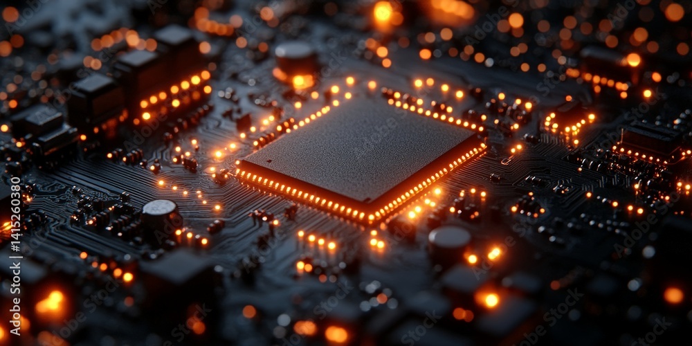 Obraz premium Glowing Circuit Board with Neon Connections and Digital Data Flow
