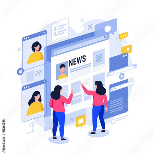Digital News Illustration: Depicting the essence of modern journalism, this digital illustration shows two individuals collaboratively navigating a dynamic online news platform.