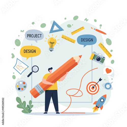 Creative vision and Design Process: Depicting a designer with a large pencil, surrounded by design elements, ready to create the next design